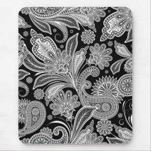 Black & White Ornate Paisley Pattern Mouse Mat