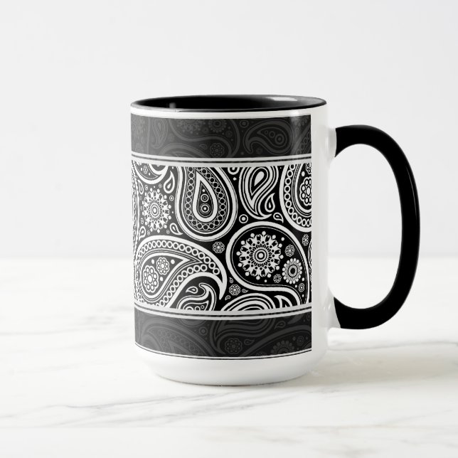 Black & White Ornate Retro Paisley Pattern Design Mug (Right)