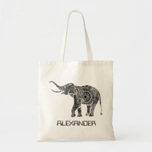 Black & White Ornate Swirls Elephant -Custom Tex Tote Bag