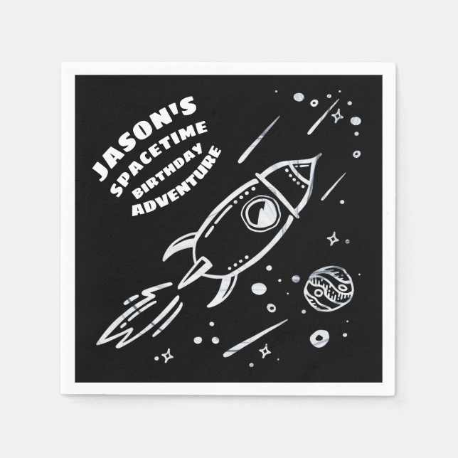 Black White Outer Space Astronaut Birthday Napkin (Front)