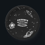 Black White Outer Space Astronaut Birthday Plate<br><div class="desc">Unique, fun, modern and bold birthday astronaut space adventure birthday party plate design. Black and white colour palette is used to create a simple yet bold and eye-catching birthday space celebration design theme. The black dominant colour is used to represent the deep outer space. Fun cartoon illustration sketches featuring Space...</div>