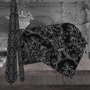 Black & White Outline Floral Damask Wedding Tie