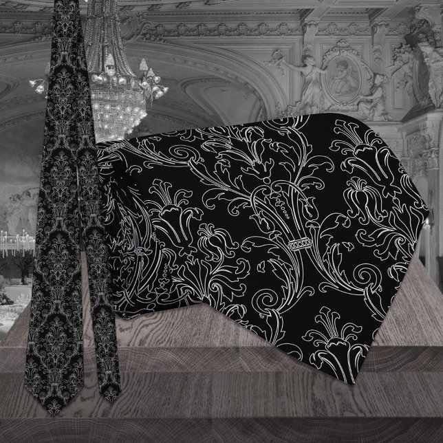 Black & White Outline Floral Damask Wedding Tie (Creator Uploaded)