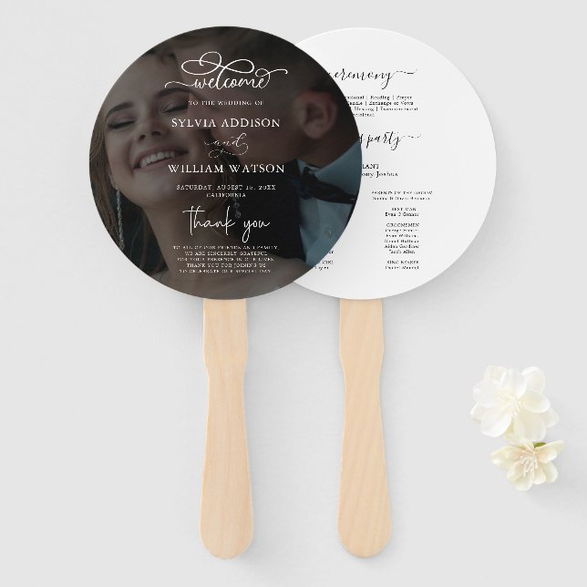 Black & White Overlay Photo Wedding Programs Hand  Hand Fan (Front and Back)