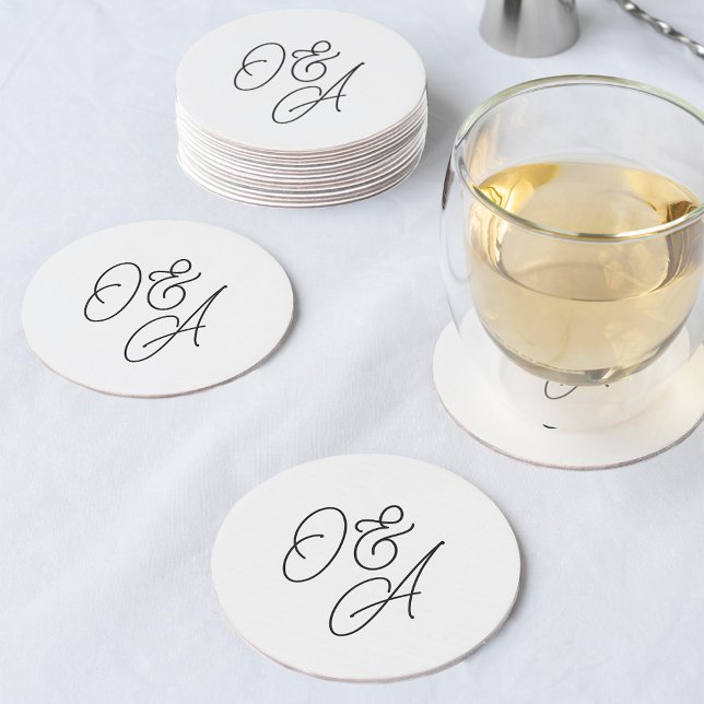 Black & White Oversized Script Monogram Wedding Round Paper Coaster (Creator Uploaded)