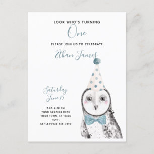 Black & White Owl 1st Birthday Boy Party Invitation Postcard