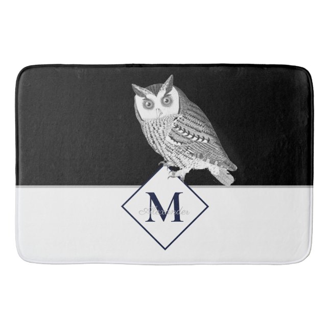 Black White Owl Grey Monogram name Bathroom Bath Mat (Front)