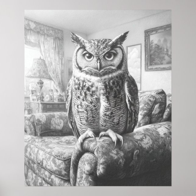Black White Owl on Living Room Chair Illustration Poster (Front)