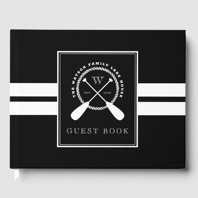 Black White Paddles Lake House Monogram Guest Book (Front)