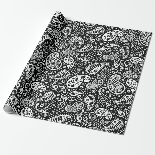 Black & White Paisley Floral Wrapping Paper (Unrolled)