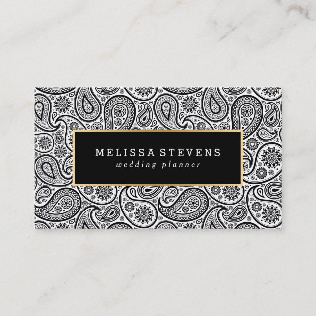 Black & White Paisley Gold Accent Business Card (Front)