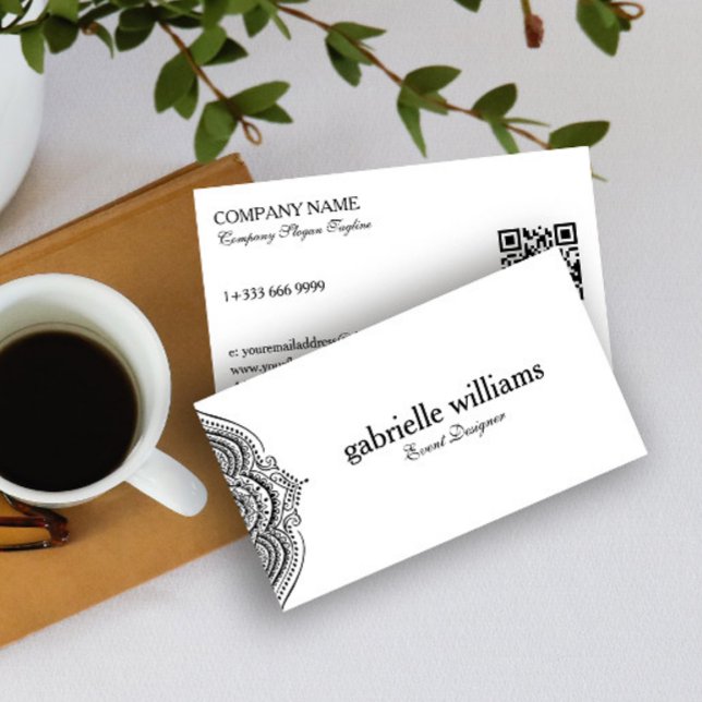 Black White Paisley Mandala QR Code Business Card (Creator Uploaded)