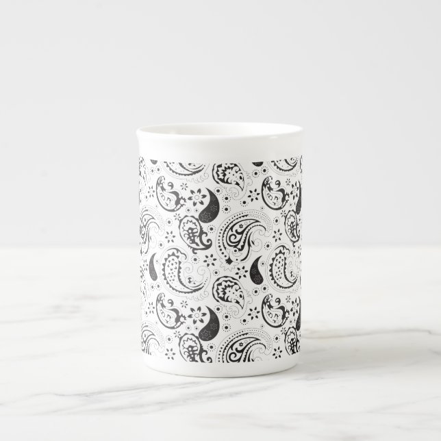 Black & White Paisley Pattern –Elegant Textile Art Bone China Mug (Front)