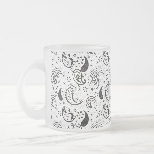 Black & White Paisley Pattern –Elegant Textile Art Frosted Glass Coffee Mug (Left)
