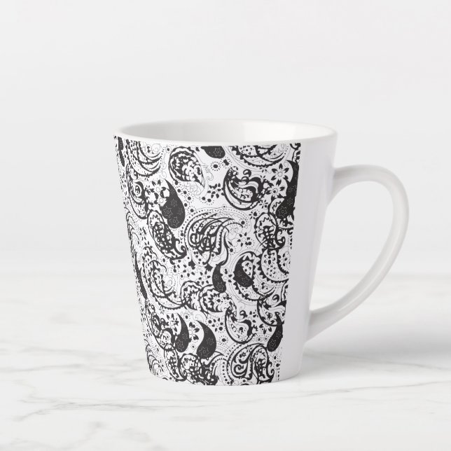 Black & White Paisley Pattern –Elegant Textile Art Latte Mug (Right)