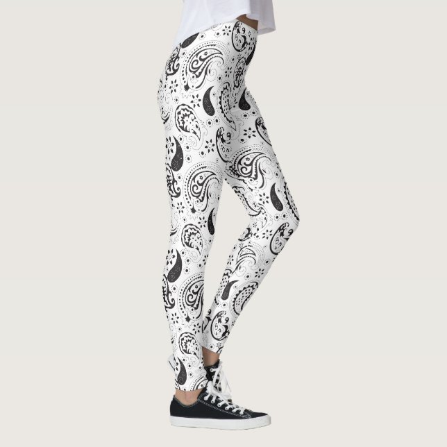 Black & White Paisley Pattern –Elegant Textile Art Leggings (Right)