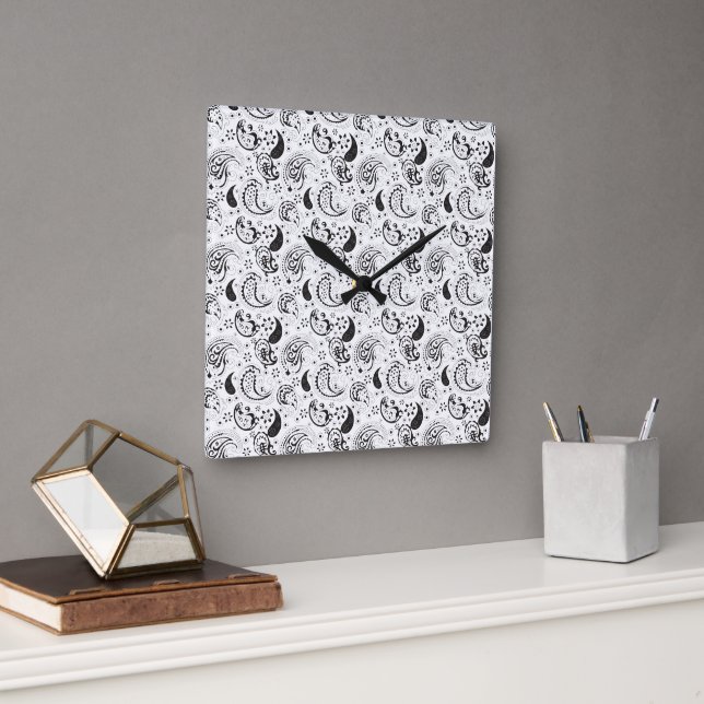 Black & White Paisley Pattern –Elegant Textile Art Square Wall Clock (Office)