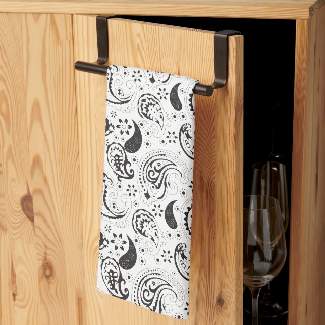 Black & White Paisley Pattern –Elegant Textile Art Tea Towel (Thirds Fold)