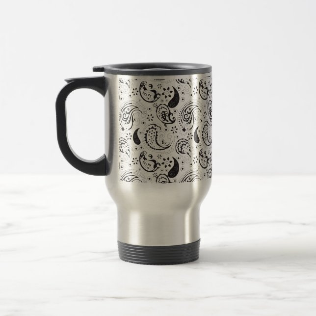 Black & White Paisley Pattern –Elegant Textile Art Travel Mug (Left)