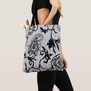 Black White Paisley Pattern Floral Swirl Decor Tote Bag