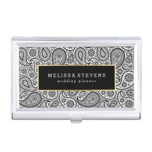Black & White paisley Pattern Gold Accent Business Card Holder