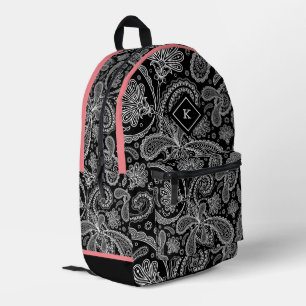 Black white paisley pattern, pink accent, monogram printed backpack