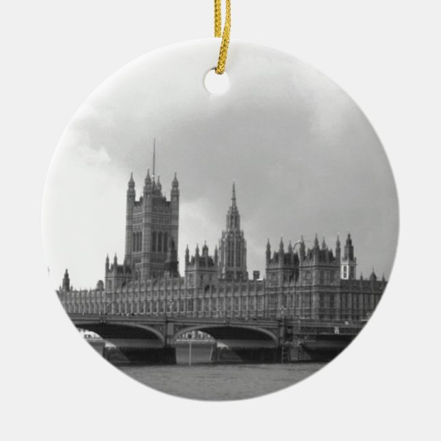Black White Palace of Westminster Ceramic Tree Decoration (Front)