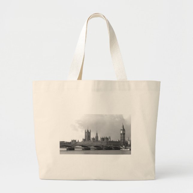 Black White Palace of Westminster Large Tote Bag (Front)