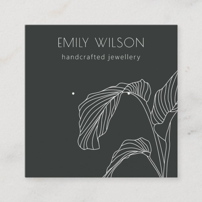 Black White Palm Leaf Sketch Stud Earring Display Square Business Card (Front)