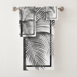 Black White Palm Tree Monogram Tropical Elegant Bath Towel Set
