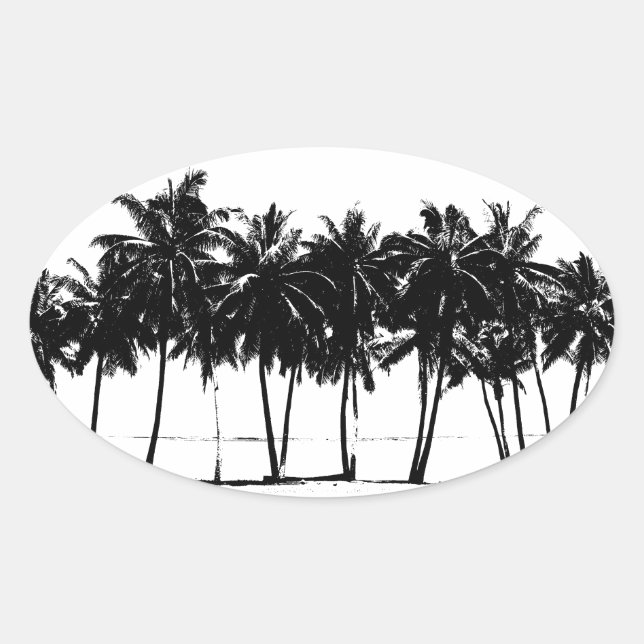 Black White Palm Trees Silhouette Oval Sticker (Front)
