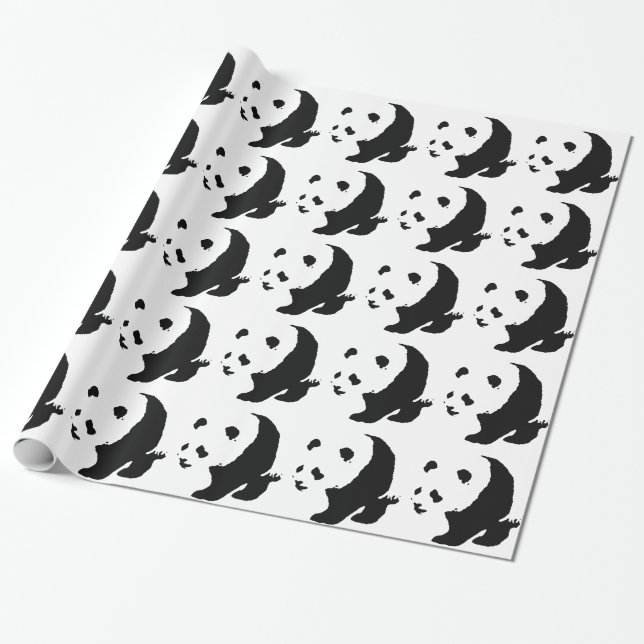 Black & White Panda Art Christmas Wrapping Paper (Unrolled)