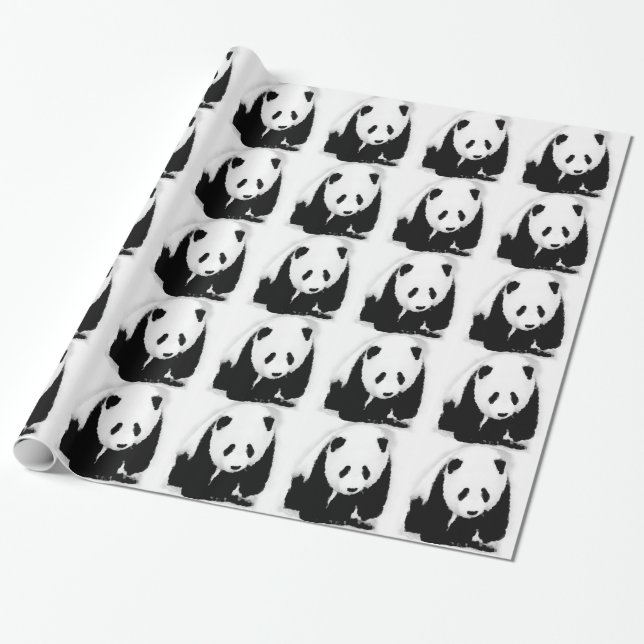 Black & White Panda Christmas Gift Wrapping Paper (Unrolled)