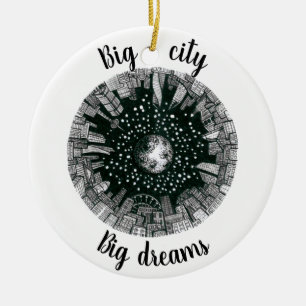 Black & white panorama city under the Moon Ceramic Tree Decoration