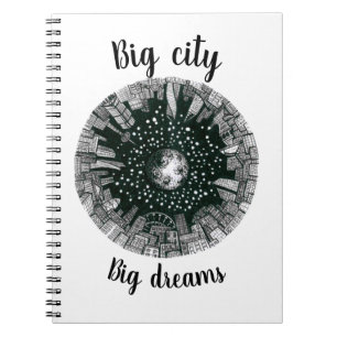 Black & white panorama city under the Moon Notebook