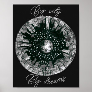 Black & white panorama city under the Moon Poster