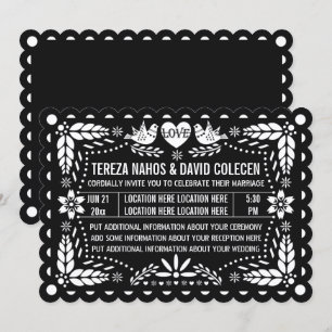 Black white papel picado love birds fiesta wedding invitation