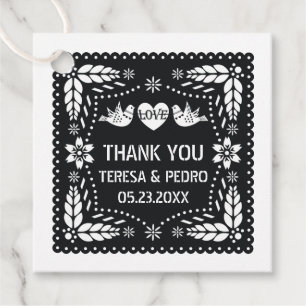 Black, white papel picado love birds wedding favour tags