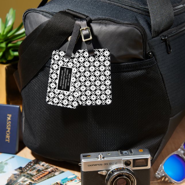 Black White Paper Flower Chain Pattern Luggage Tag (Front & Back)
