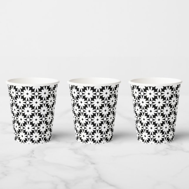 Black White Paper Flower Chain Pattern Paper Cups (Multi)