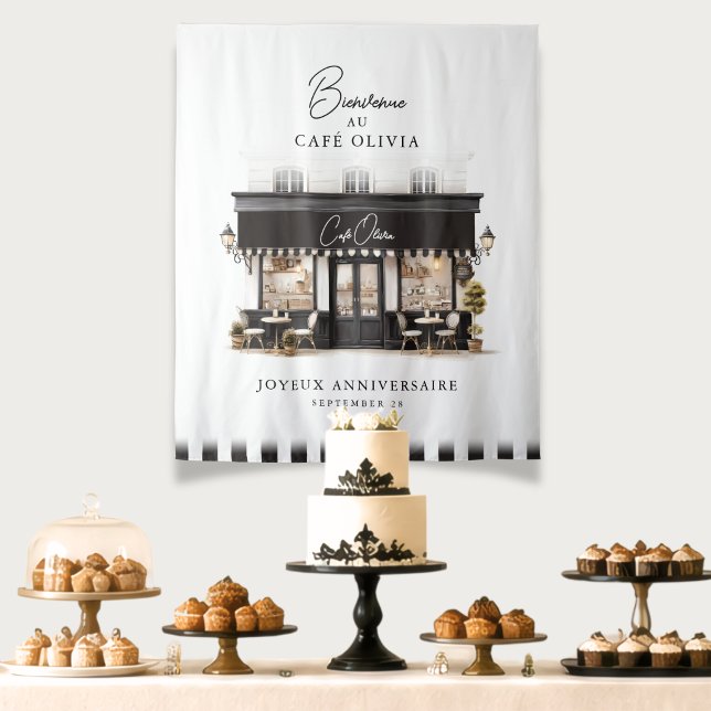 Black & White Paris Café Birthday Welcome Backdrop Tapestry (Creator Uploaded)