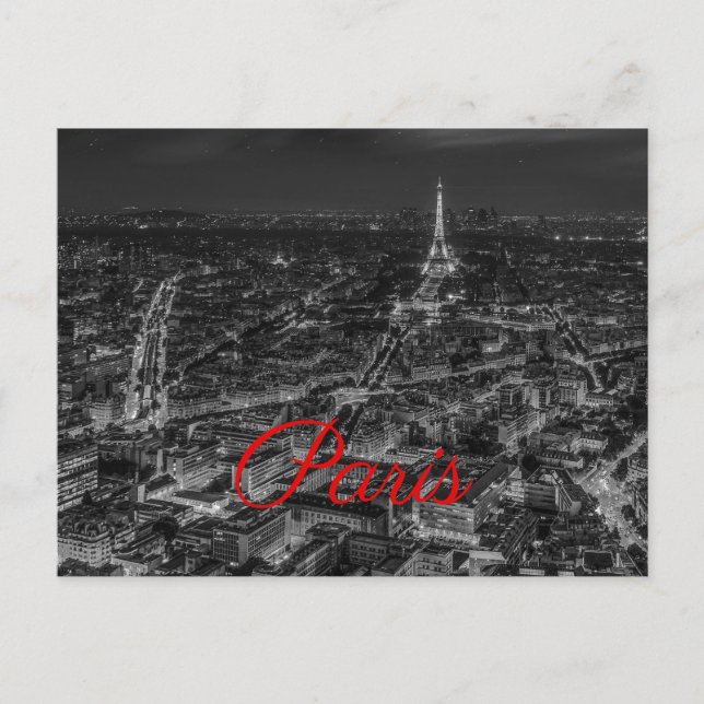 Black White Paris City Night Eiffel Tower European Holiday Postcard (Front)