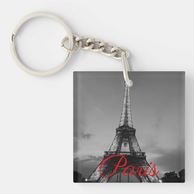 Black White Paris City Night Eiffel Tower European Key Ring (Front)