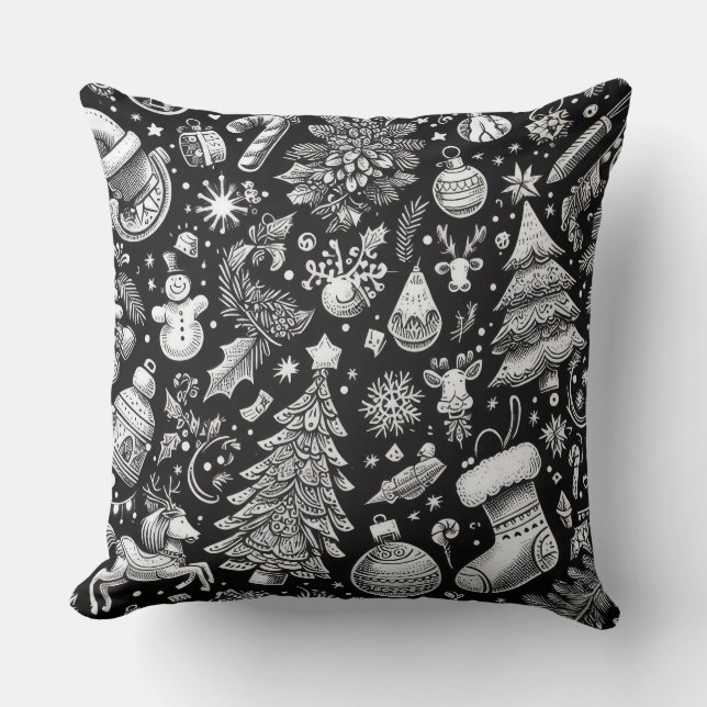 Black White Pastel Drawing Christmas Motif Holiday Cushion (Front)