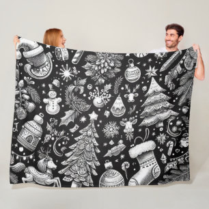 Black White Pastel Drawing Christmas Motif Holiday Fleece Blanket
