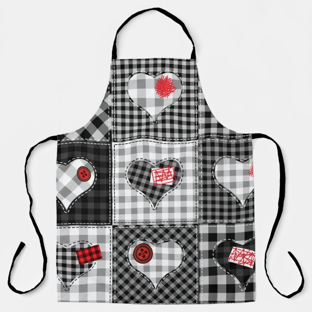 Black White Patchwork Hearts Seamless. Apron (Front)