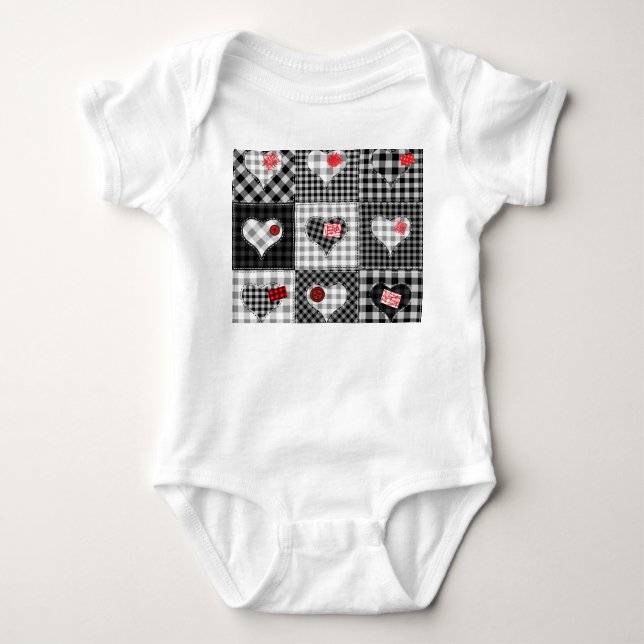 Black White Patchwork Hearts Seamless. Baby Bodysuit (Front)