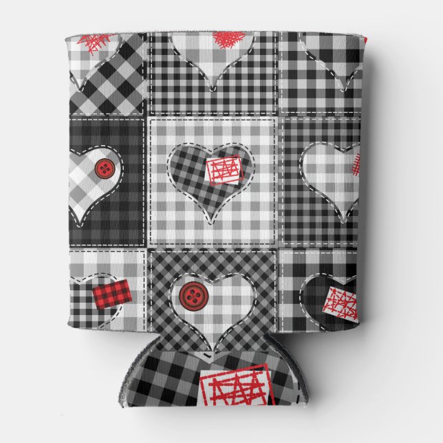 Black White Patchwork Hearts Seamless. Can Cooler (Front)