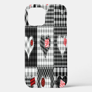 Black White Patchwork Hearts Seamless. iPhone 12 Case