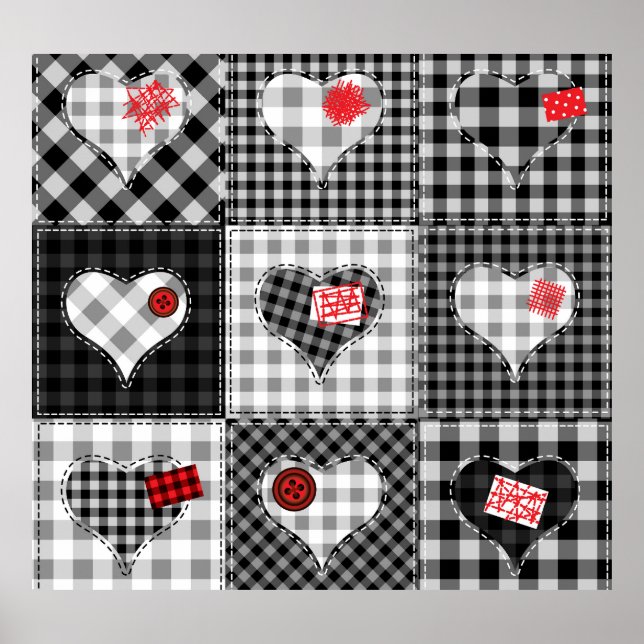 Black White Patchwork Hearts Seamless. Poster (Front)